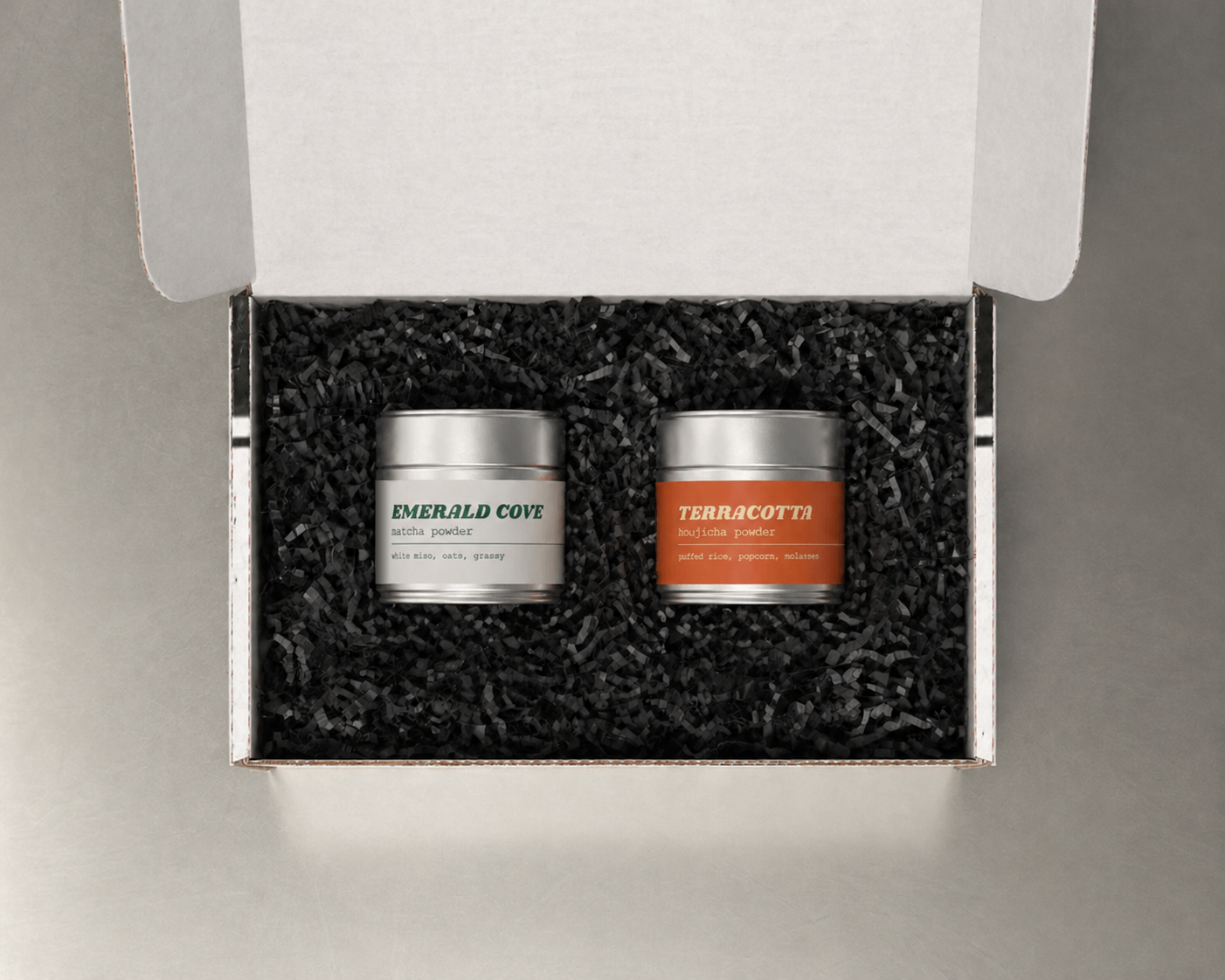 Teawerx Classic Gift Set featuring Emerald Cove matcha powder and Terracotta hojicha powder premium tea tins in a minimalist gift box
