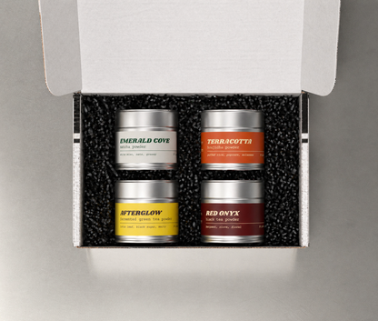 Teawerx Complete Gift Set featuring Emerald Cove matcha powder, Terracotta hojicha powder, Afterglow fermented tea powder, and Red Onyx black tea powder in a premium gift box.