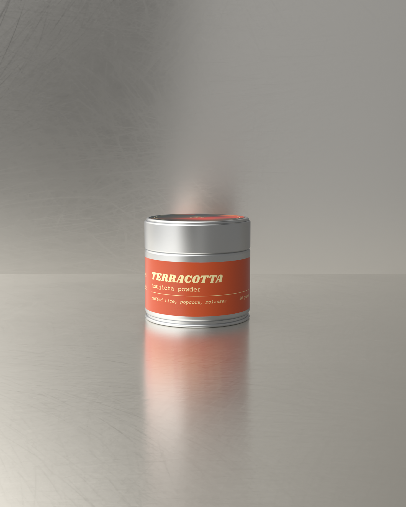 TEAWERX Tin can with 'Terracotta' label on a gray background
