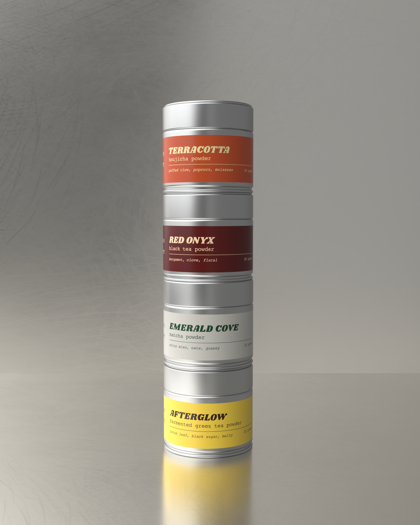 Teawerx premium tea powder collection featuring Terracotta hojicha, Red Onyx black tea, Emerald Cove matcha, and Afterglow fermented tea in stacked metal tins on a minimalist gray background.