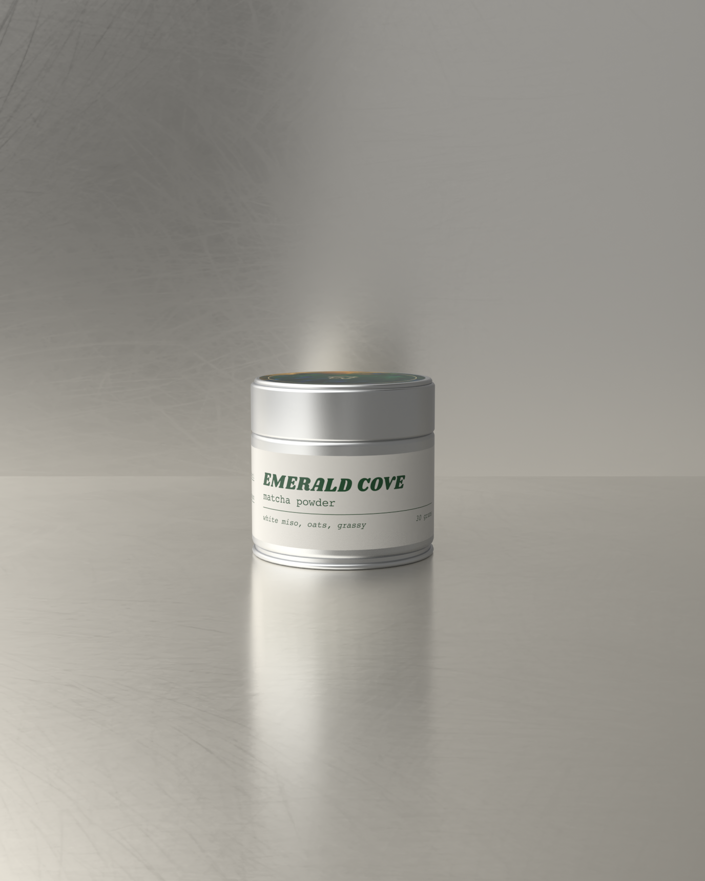 Teawerx Emerald Cove matcha powder tin can on a gray background