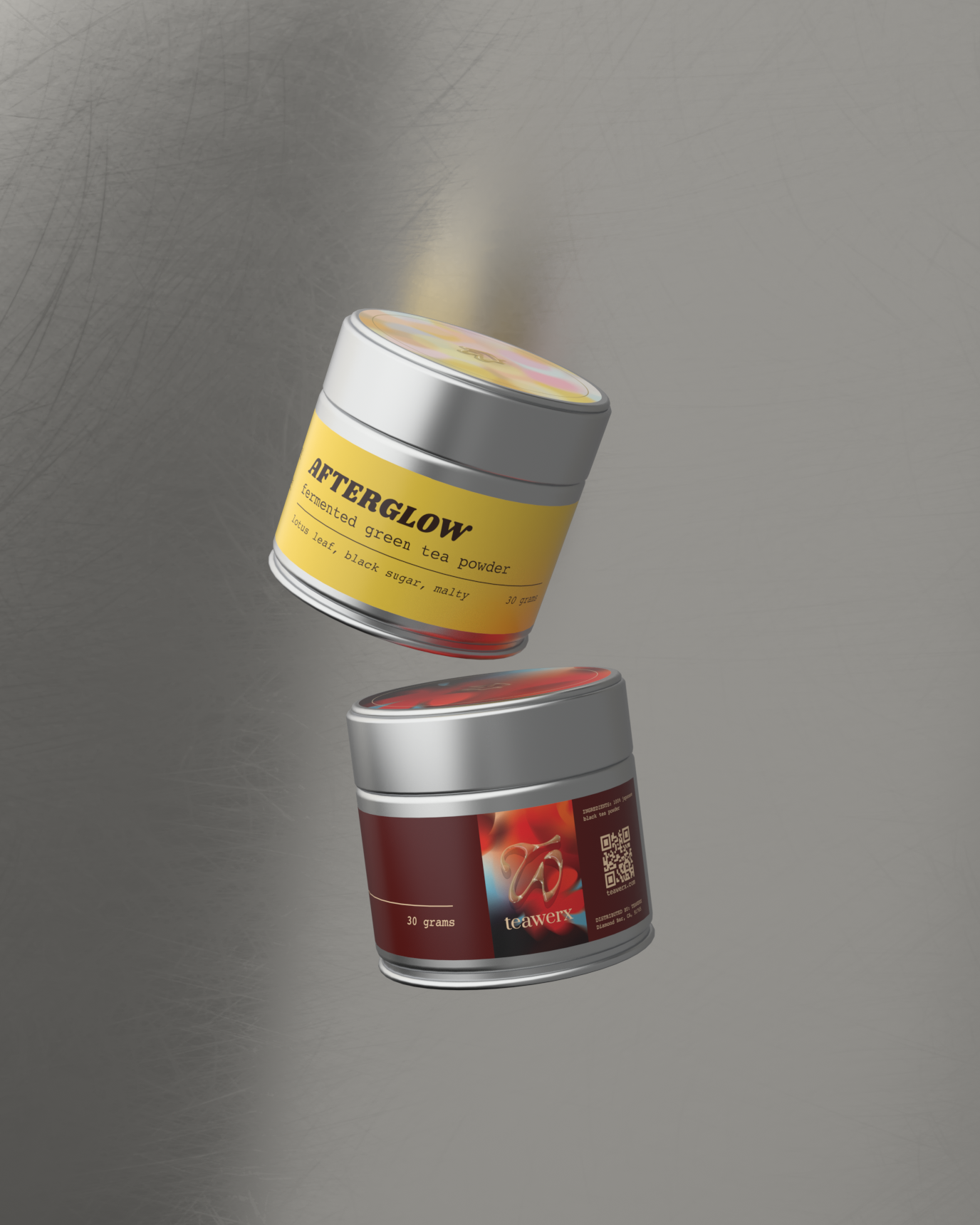 Floating Teawerx Discovery Gift Set featuring Afterglow fermented tea powder and Red Onyx black tea powder in premium metal tins on a minimalist gray background.