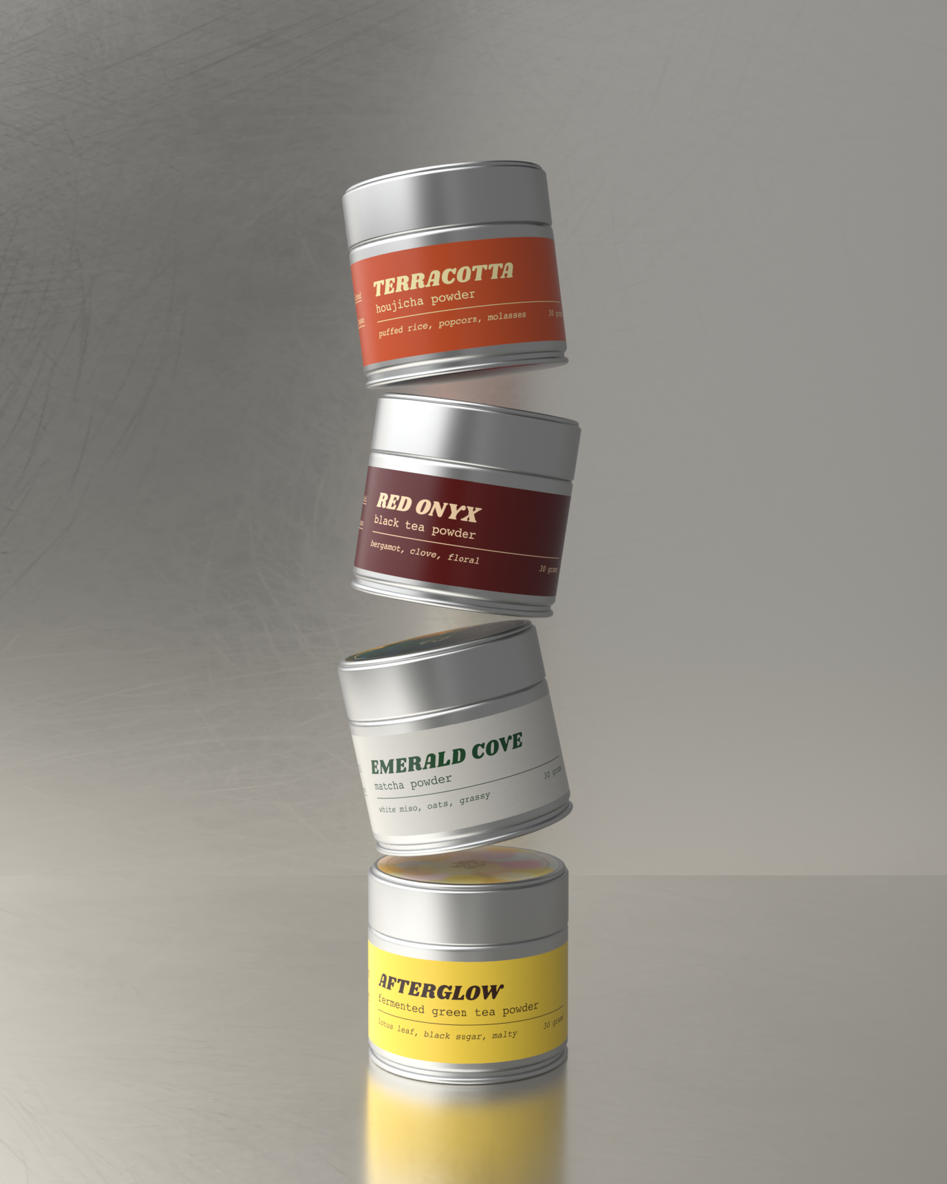 Floating stack of Teawerx premium tea tins featuring Terracotta hojicha, Red Onyx black tea, Emerald Cove matcha, and Afterglow fermented tea on a minimalist gray background.